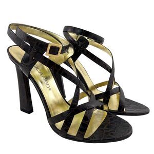 New Dsquared2 Women US 8 Brown Croc Embossed Leather High Heel Sandals | $650